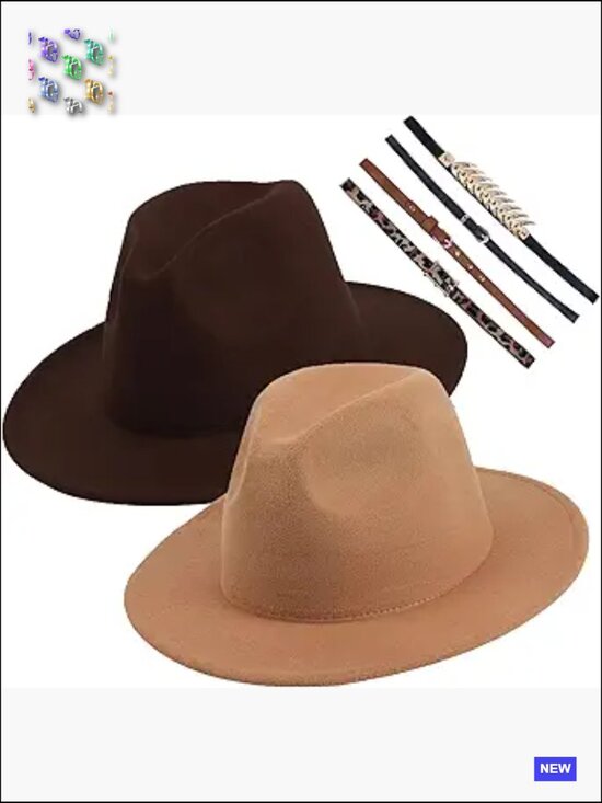 2 Pack Wide Brim Floppy Fedora Hats Classic Panama Hat with Belt Buckles